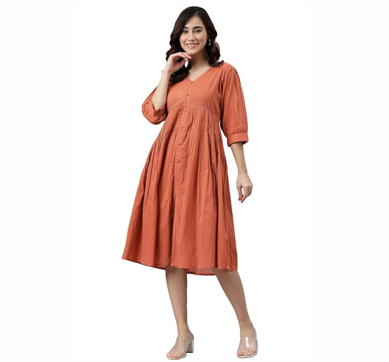 Women's Coral Orange Cotton Solid Flared Dress